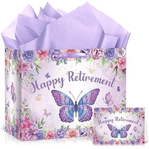 Purple Retirement Gift Bag for Women Butterfly Retirement Wrapping Paper Bag with Tissue Paper and Card Retired Gifts for Women Purple Retired Decorations Supplies for Going Away Farewell Party in Saudi Arabia