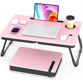 BUYIFY Portable Foldable Laptop Desk for Bed and Couch, Adjustable Lap Desk with Cup Holder and Phone Holder, Ideal for Working, Reading, Writing, and Breakfast (Pink) - SDC1 in Saudi Arabia