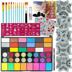 42 Color Face Painting Kit - Non-Toxic Water Activated Face & Body Paint Set with Stencils, Brushes, Sponges - For Halloween, Carnival, Birthday Parties, Costume Makeup, Festivals & Events in Saudi Arabia