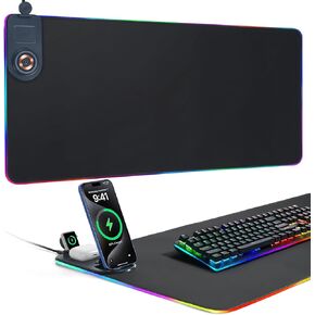 لوحة ماوس ألعاب ELUTENG 4 في 1 RGB مع حامل هاتف، سجادة مكتب للشحن اللاسلكي، لوحة مفاتيح كبيرة مقاومة للماء فائقة النعومة، قاعدة غير قابلة للانزلاق للمكتب المنزلي مقاس 35.43 بوصة × 15.75 بوصة in Kuwait