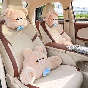 Cute Plush Bear Car Headrest & Lumbar Support Set, Soft Neck & Back Support Pillow for Comfortable Driving All Season in Kuwait