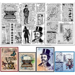 GLOBLELAND 3 Sheets Vintage Background Texture Clear Stamp for Scrapbooking Typewriter Telephone Silicone Stamps Gentleman Owl Transparent Stamp Set for Card Making DIY Embossing Journaling in Saudi Arabia