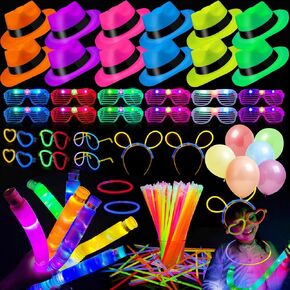 360PCS Glow in the Dark Party Supplies, Light Up Party Favors with Neon Hats, LED Glasses & Pop Tubes, Balloons, 200 Glow Sticks Light Up Accessories for Hora Loca Carnival 80's Neon Party Halloween in Saudi Arabia