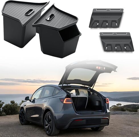 GEEDAR Tesla Model Y Juniper Trunk Organizer Set, 2 Trunk Storage Bins with TPE Lid + 2 Rear Trunk Organizer Hooks, Rear Trunk Side Storage Box for Model Y Juniper 2025 2026 Interior Accessories in Saudi Arabia