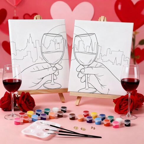 2 Pack Couples Pre Drawn Canvas Paint Kit for Adults Valentines Sip and Paint Art Gifts Valentine's Day Gnome Theme Stretched Canvas for Couples Game Date Night Anniversary, 8'' x 10'' in Saudi Arabia