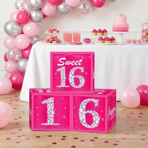 Pink Sweet 16 Birthday Decorations for Girls Women Hot Pink Sweet 16 Birthday Balloons Boxes Gift Table Cardboard Box Decor Happy 16th Bday Bachelorette Party Supplies in Kuwait