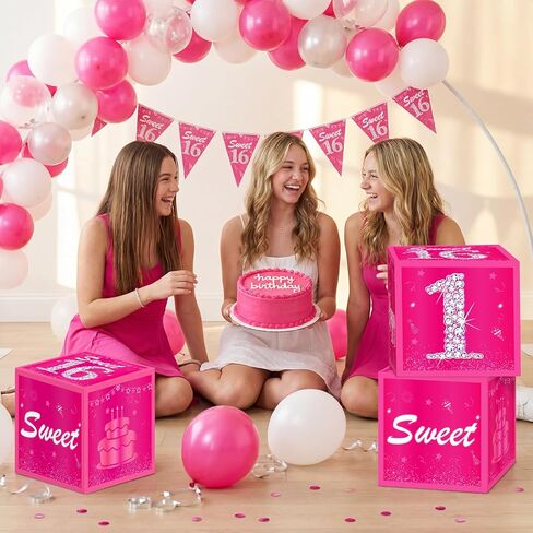 Pink Sweet 16 Birthday Decorations for Girls Women Hot Pink Sweet 16 Birthday Balloons Boxes Gift Table Cardboard Box Decor Happy 16th Bday Bachelorette Party Supplies in Kuwait