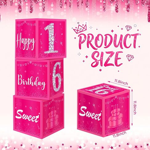 Pink Sweet 16 Birthday Decorations for Girls Women Hot Pink Sweet 16 Birthday Balloons Boxes Gift Table Cardboard Box Decor Happy 16th Bday Bachelorette Party Supplies in Kuwait