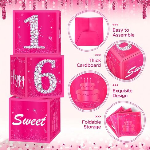 Pink Sweet 16 Birthday Decorations for Girls Women Hot Pink Sweet 16 Birthday Balloons Boxes Gift Table Cardboard Box Decor Happy 16th Bday Bachelorette Party Supplies in Kuwait