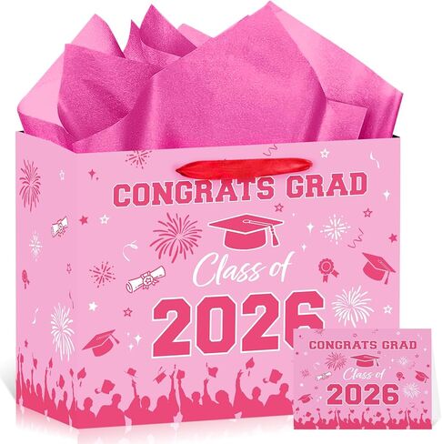 Large Pink Graduation Gift Bag with Tissue Paper and Card Hot Pink Red Class of 2026 Congrats Grad Gifts Wrapping Paper Bag Graduation Gift Goodies Bag for High School College Graduates Party Supplies in Saudi Arabia