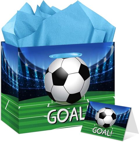 Soccer Gift Bag Large 11.8" Goal Wrapping Paper Gift Bag with Greeting Card Tissue Paper for Boys' Soccer Parties Team Celebrations Party Favor Bag in Saudi Arabia