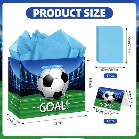 Soccer Gift Bag Large 11.8" Goal Wrapping Paper Gift Bag with Greeting Card Tissue Paper for Boys' Soccer Parties Team Celebrations Party Favor Bag in Saudi Arabia