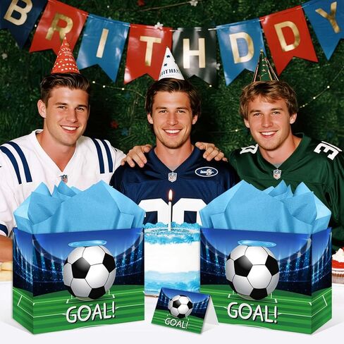 Soccer Gift Bag Large 11.8" Goal Wrapping Paper Gift Bag with Greeting Card Tissue Paper for Boys' Soccer Parties Team Celebrations Party Favor Bag in Saudi Arabia