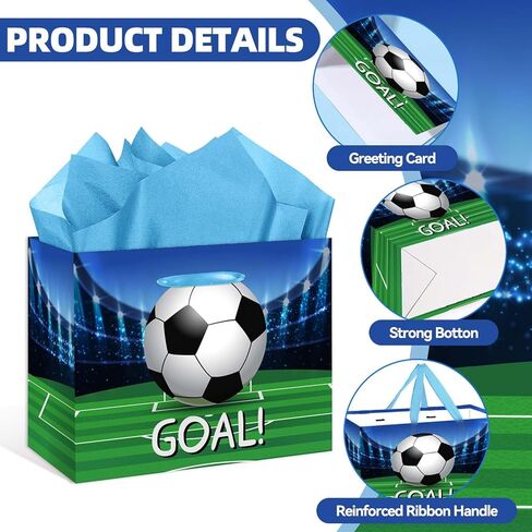 Soccer Gift Bag Large 11.8" Goal Wrapping Paper Gift Bag with Greeting Card Tissue Paper for Boys' Soccer Parties Team Celebrations Party Favor Bag in Saudi Arabia