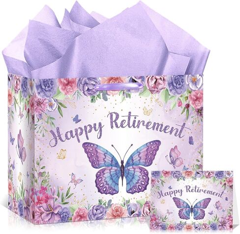 Purple Retirement Gift Bag for Women Butterfly Retirement Wrapping Paper Bag with Tissue Paper and Card Retired Gifts for Women Purple Retired Decorations Supplies for Going Away Farewell Party in Saudi Arabia