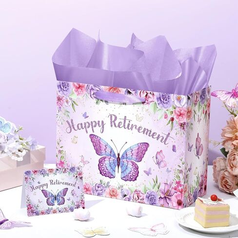 Purple Retirement Gift Bag for Women Butterfly Retirement Wrapping Paper Bag with Tissue Paper and Card Retired Gifts for Women Purple Retired Decorations Supplies for Going Away Farewell Party in Saudi Arabia