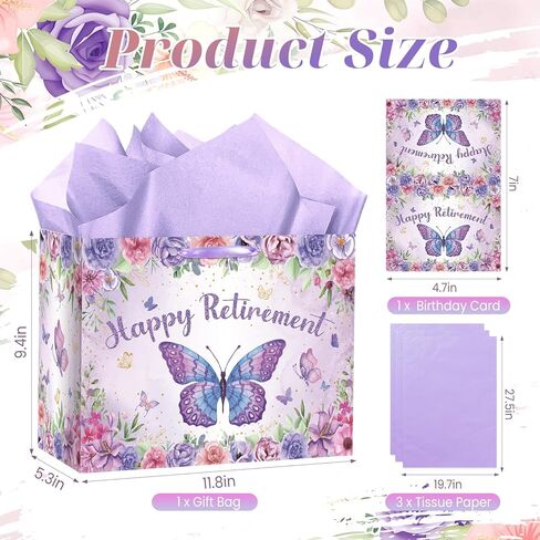 Purple Retirement Gift Bag for Women Butterfly Retirement Wrapping Paper Bag with Tissue Paper and Card Retired Gifts for Women Purple Retired Decorations Supplies for Going Away Farewell Party in Saudi Arabia