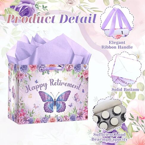 Purple Retirement Gift Bag for Women Butterfly Retirement Wrapping Paper Bag with Tissue Paper and Card Retired Gifts for Women Purple Retired Decorations Supplies for Going Away Farewell Party in Saudi Arabia