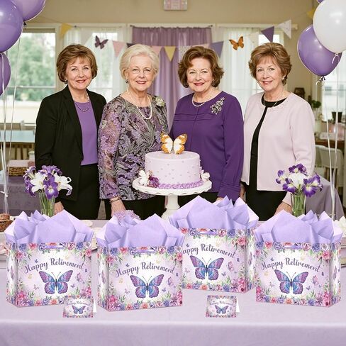 Purple Retirement Gift Bag for Women Butterfly Retirement Wrapping Paper Bag with Tissue Paper and Card Retired Gifts for Women Purple Retired Decorations Supplies for Going Away Farewell Party in Saudi Arabia