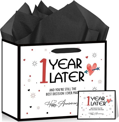 Peconal Happy 1st Anniversary Party Favor Bag with Tissue Paper and Greeting Card White One Year Wedding Anniversary Wrapping Paper Bag 1 Year Later First Wedding Bags for Him Her Couple Wife Husband in Kuwait