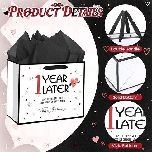 Peconal Happy 1st Anniversary Party Favor Bag with Tissue Paper and Greeting Card White One Year Wedding Anniversary Wrapping Paper Bag 1 Year Later First Wedding Bags for Him Her Couple Wife Husband in Kuwait