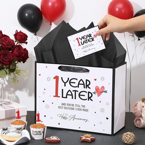 Peconal Happy 1st Anniversary Party Favor Bag with Tissue Paper and Greeting Card White One Year Wedding Anniversary Wrapping Paper Bag 1 Year Later First Wedding Bags for Him Her Couple Wife Husband in Kuwait