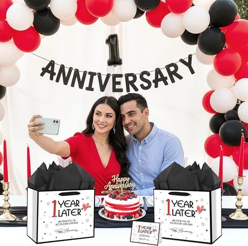 Peconal Happy 1st Anniversary Party Favor Bag with Tissue Paper and Greeting Card White One Year Wedding Anniversary Wrapping Paper Bag 1 Year Later First Wedding Bags for Him Her Couple Wife Husband in Kuwait