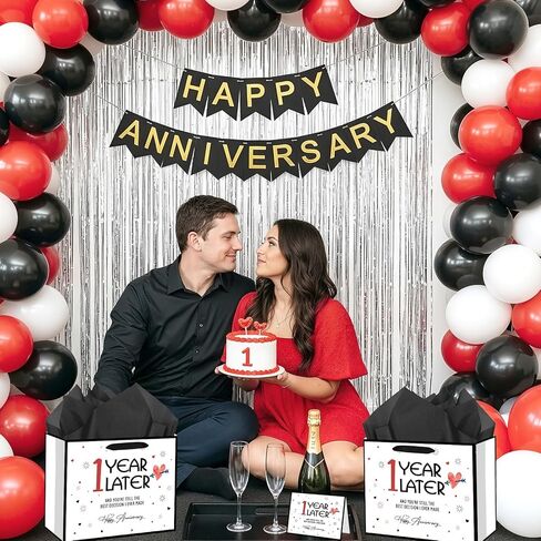 Peconal Happy 1st Anniversary Party Favor Bag with Tissue Paper and Greeting Card White One Year Wedding Anniversary Wrapping Paper Bag 1 Year Later First Wedding Bags for Him Her Couple Wife Husband in Kuwait