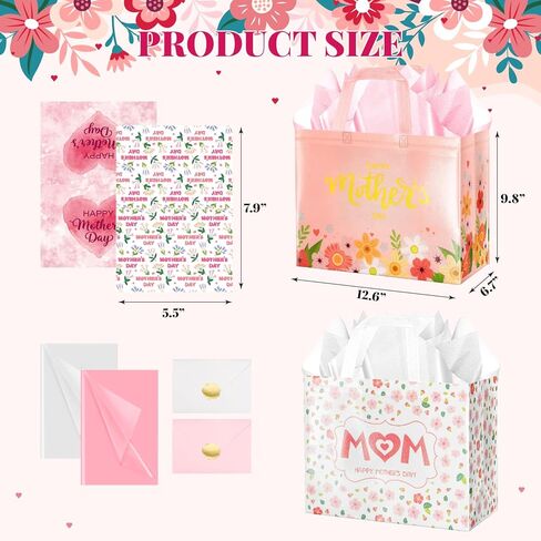 Jaywayang 2Pcs 12.6" Happy Mother's Day Gift Bags with Tissue Paper, Envelope and Card, Reusable Non-Woven Bag with Handles for Mother's Day Party Supplies in Kuwait