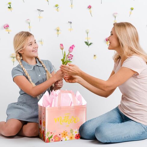 Jaywayang 2Pcs 12.6" Happy Mother's Day Gift Bags with Tissue Paper, Envelope and Card, Reusable Non-Woven Bag with Handles for Mother's Day Party Supplies in Kuwait