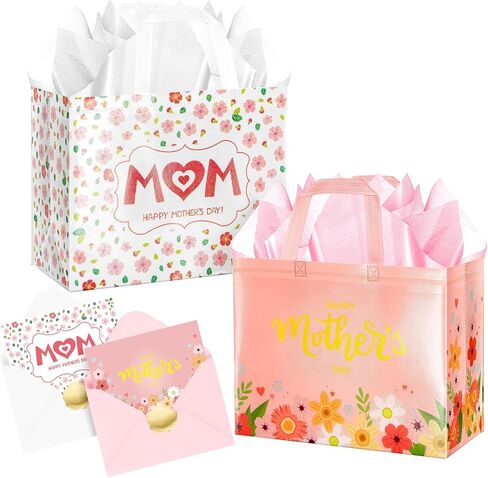 Jaywayang 2Pcs 12.6" Happy Mother's Day Gift Bags with Tissue Paper, Envelope and Card, Reusable Non-Woven Bag with Handles for Mother's Day Party Supplies in Kuwait