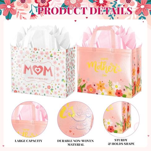Jaywayang 2Pcs 12.6" Happy Mother's Day Gift Bags with Tissue Paper, Envelope and Card, Reusable Non-Woven Bag with Handles for Mother's Day Party Supplies in Kuwait