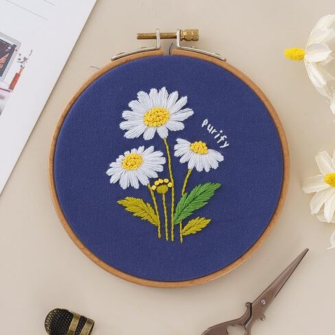Daisy Flowers Embroidery Kit for Beginners Adult, Easy to Learn Floral Pattern Craft Kits Cross Stitch Kits with Embroidery Hoops, Crafts for Adults, DIY Needlework Gifts for Women Mom in Kuwait