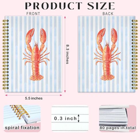 BRRNYOI Red Lobster Ocean Beach Notebook Journal 5.5x8.3, Lobster Lover Gifts, Crawfish Gifts Journal for Writing, Trendy Blue Striped Nautical Coastal Hardcover Spiral Notebooks for Note Taking in Kuwait