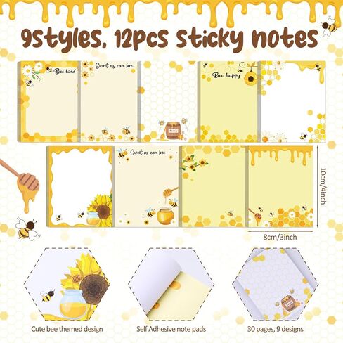 Geyoga 24 Pcs Bee Sticky Notes with Pens - Bee Themed Gift Stationery Set Cute Self Adhesive Notepads Honey Memo Notes Ballpoint Pens for School Office Home Teachers Party Supplies in Kuwait