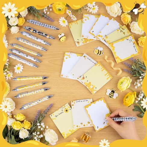 Geyoga 24 Pcs Bee Sticky Notes with Pens - Bee Themed Gift Stationery Set Cute Self Adhesive Notepads Honey Memo Notes Ballpoint Pens for School Office Home Teachers Party Supplies in Kuwait