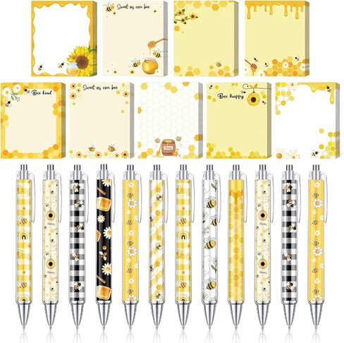 Geyoga 24 Pcs Bee Sticky Notes with Pens - Bee Themed Gift Stationery Set Cute Self Adhesive Notepads Honey Memo Notes Ballpoint Pens for School Office Home Teachers Party Supplies in Kuwait