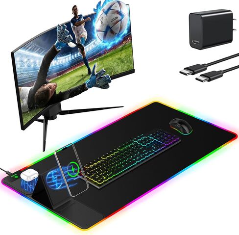 Mouse Pad with Wireless Charger Foldable Phone Holder, XXL RGB Gaming Mousepad 31.5"x15.8" Large Desk Mat for Keyboard, Black Desk Pad with Dual Qi Charging Station, 11 Colors 5 Modes in Kuwait