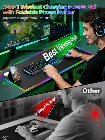 Mouse Pad with Wireless Charger Foldable Phone Holder, XXL RGB Gaming Mousepad 31.5"x15.8" Large Desk Mat for Keyboard, Black Desk Pad with Dual Qi Charging Station, 11 Colors 5 Modes in Kuwait