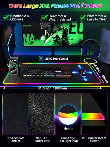Mouse Pad with Wireless Charger Foldable Phone Holder, XXL RGB Gaming Mousepad 31.5"x15.8" Large Desk Mat for Keyboard, Black Desk Pad with Dual Qi Charging Station, 11 Colors 5 Modes in Kuwait