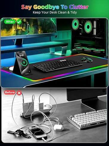 Mouse Pad with Wireless Charger Foldable Phone Holder, XXL RGB Gaming Mousepad 31.5"x15.8" Large Desk Mat for Keyboard, Black Desk Pad with Dual Qi Charging Station, 11 Colors 5 Modes in Kuwait