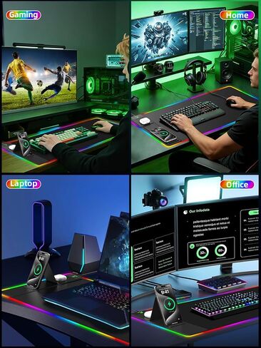 Mouse Pad with Wireless Charger Foldable Phone Holder, XXL RGB Gaming Mousepad 31.5"x15.8" Large Desk Mat for Keyboard, Black Desk Pad with Dual Qi Charging Station, 11 Colors 5 Modes in Kuwait