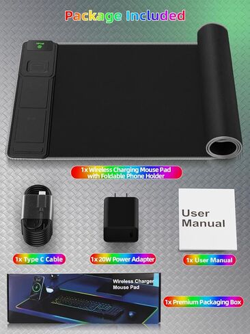 Mouse Pad with Wireless Charger Foldable Phone Holder, XXL RGB Gaming Mousepad 31.5"x15.8" Large Desk Mat for Keyboard, Black Desk Pad with Dual Qi Charging Station, 11 Colors 5 Modes in Kuwait