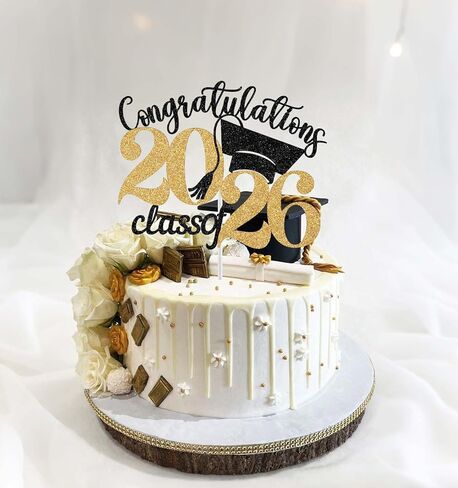 Congratulations Class of 2026 Cake Topper, Happy 2026 Graduation Decorations, Congrats Grad Cake Pick, 2026 Boys Girls Graduation Party Decoration Supplies Black & Gold Glitter in Kuwait