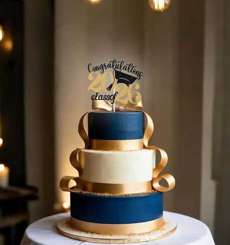 Congratulations Class of 2026 Cake Topper, Happy 2026 Graduation Decorations, Congrats Grad Cake Pick, 2026 Boys Girls Graduation Party Decoration Supplies Black & Gold Glitter in Kuwait