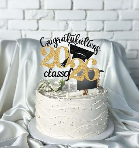 Congratulations Class of 2026 Cake Topper, Happy 2026 Graduation Decorations, Congrats Grad Cake Pick, 2026 Boys Girls Graduation Party Decoration Supplies Black & Gold Glitter in Kuwait
