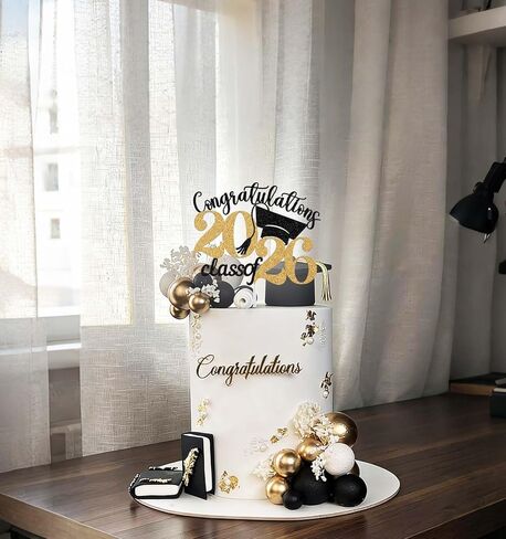 Congratulations Class of 2026 Cake Topper, Happy 2026 Graduation Decorations, Congrats Grad Cake Pick, 2026 Boys Girls Graduation Party Decoration Supplies Black & Gold Glitter in Kuwait