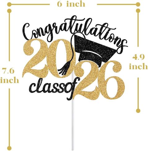 Congratulations Class of 2026 Cake Topper, Happy 2026 Graduation Decorations, Congrats Grad Cake Pick, 2026 Boys Girls Graduation Party Decoration Supplies Black & Gold Glitter in Kuwait