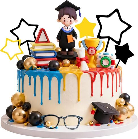 Graduation Cake Topper Set, Boy Graduate Figurine with Cap, Trophy, Books, Star Picks, Party Decoration in Kuwait
