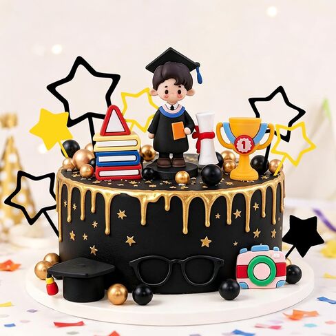 Graduation Cake Topper Set, Boy Graduate Figurine with Cap, Trophy, Books, Star Picks, Party Decoration in Kuwait